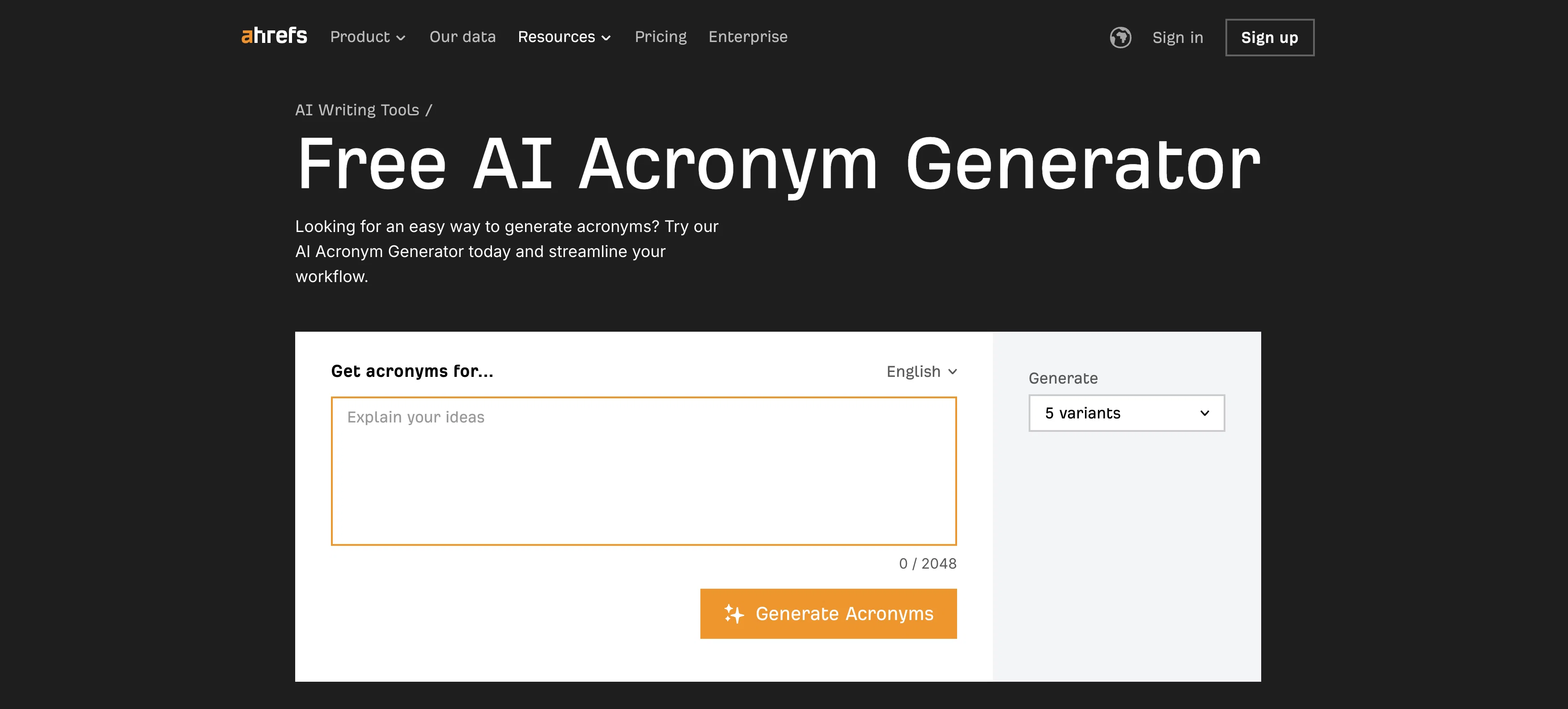 Acronym Generator by Ahrefs screenshot