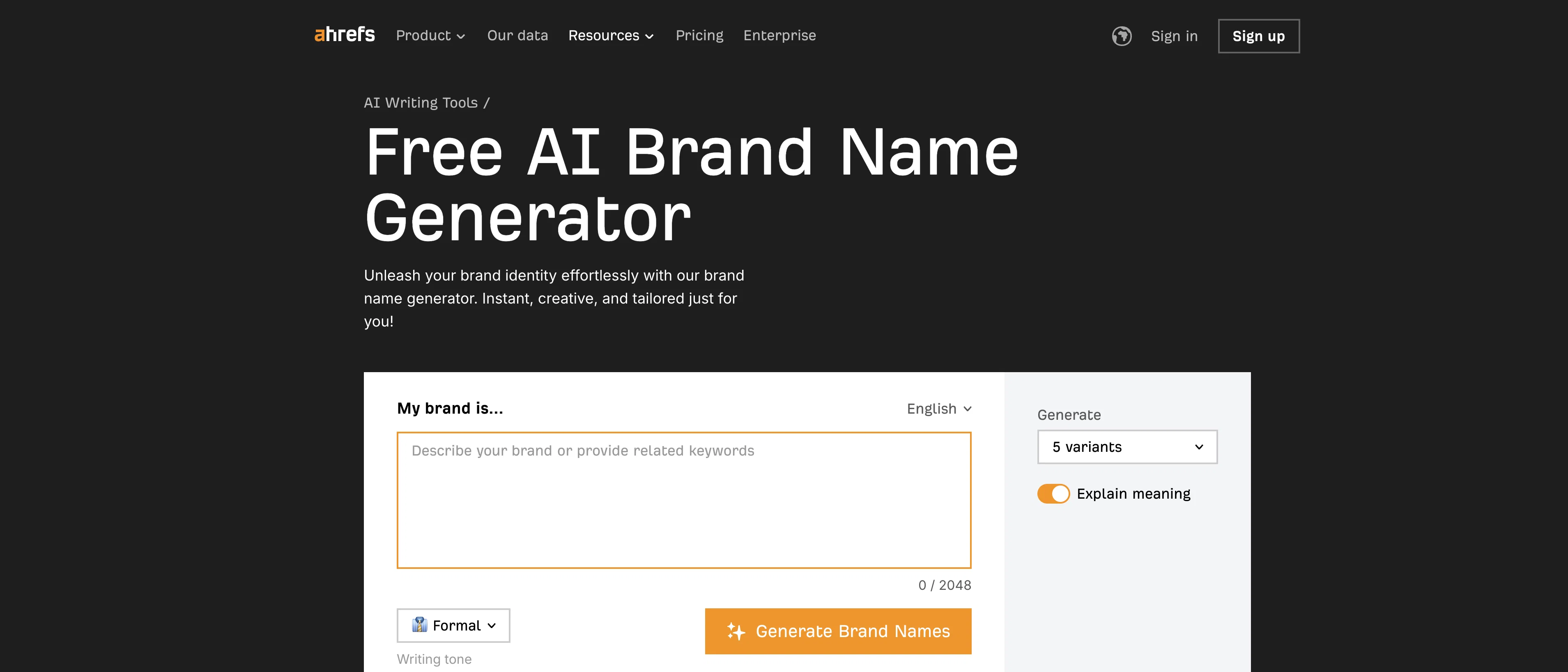 Ahrefs AI Brand Name Generator screenshot