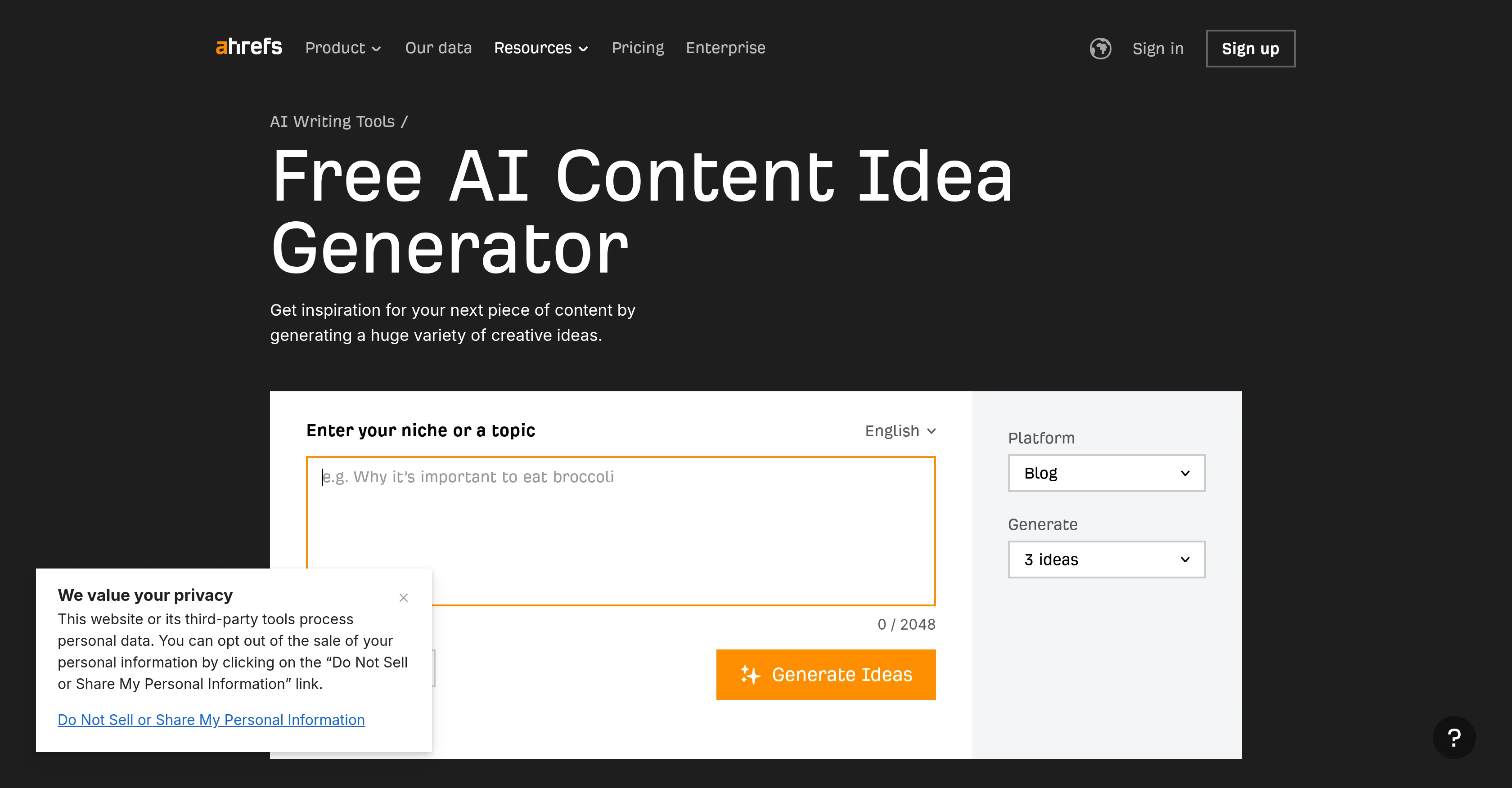 Ahrefs AI Content Idea Generator screenshot
