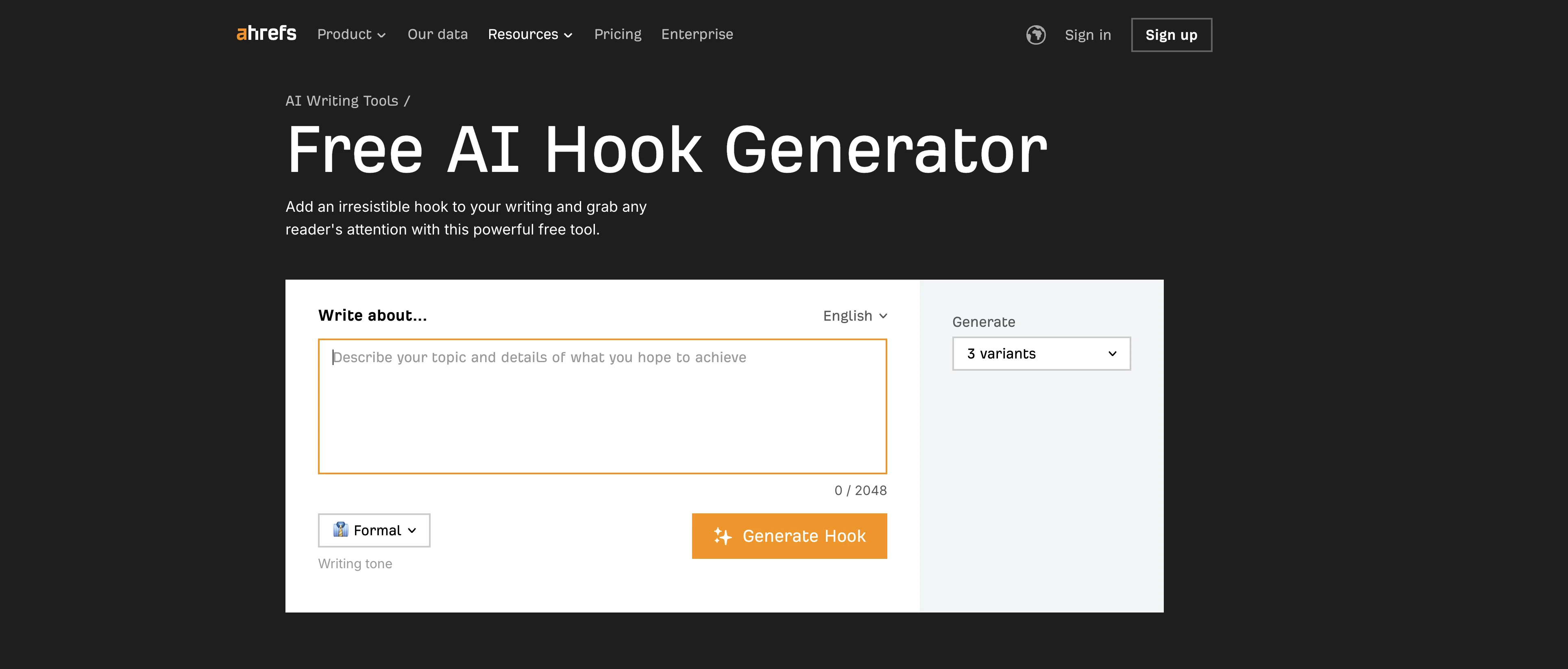 Ahrefs AI Hook Generator screenshot