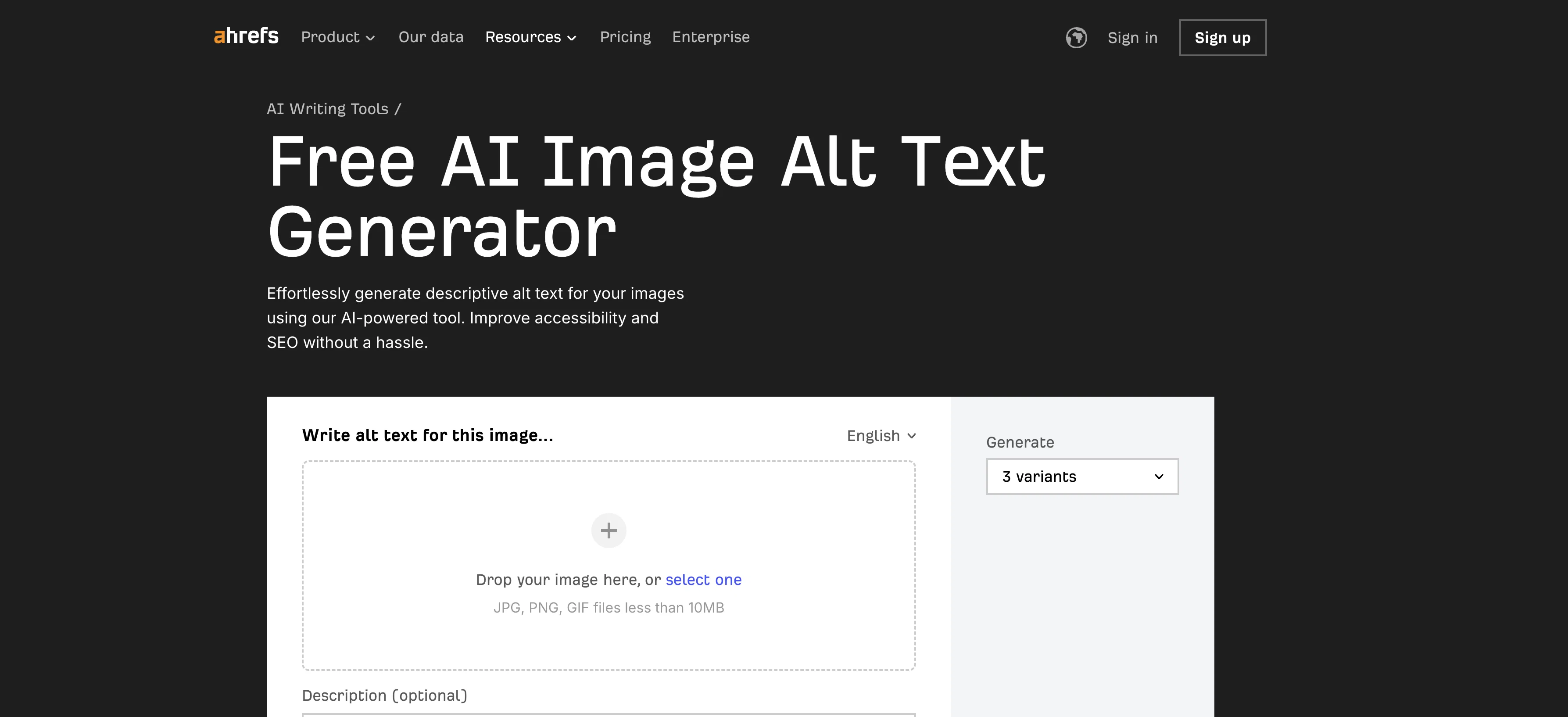 Ahrefs AI Image Alt Text Generator screenshot