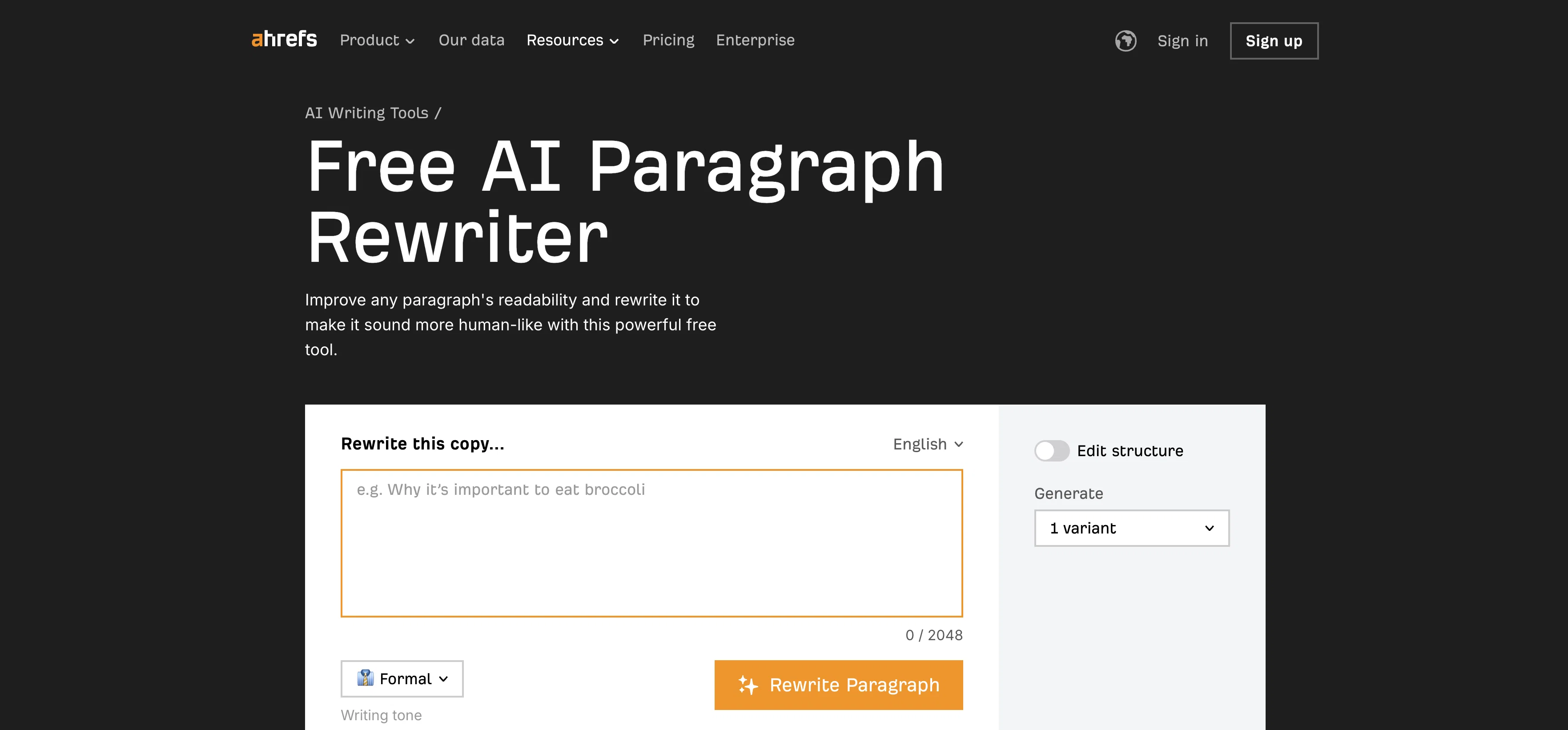 Ahrefs AI Paragraph Rewriter screenshot