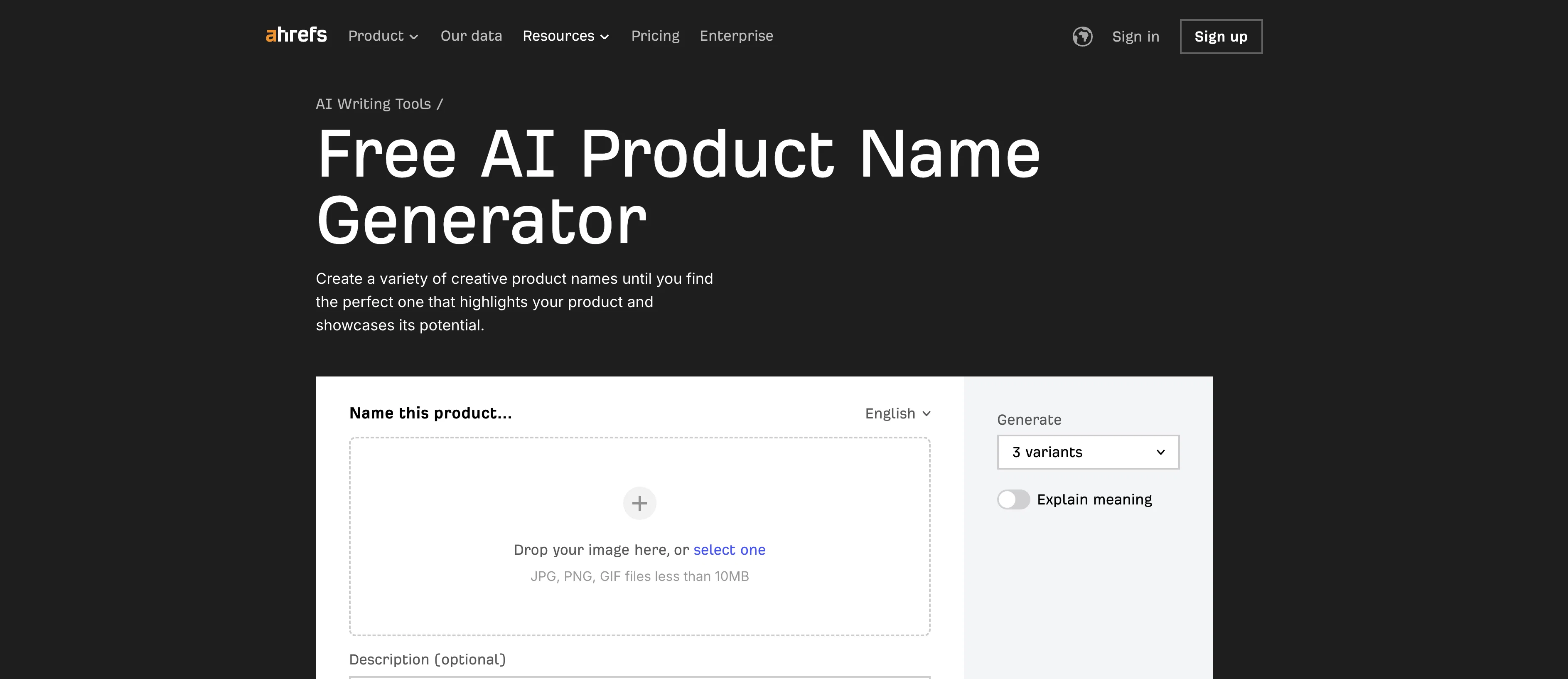 Ahrefs AI Product Name Generator screenshot