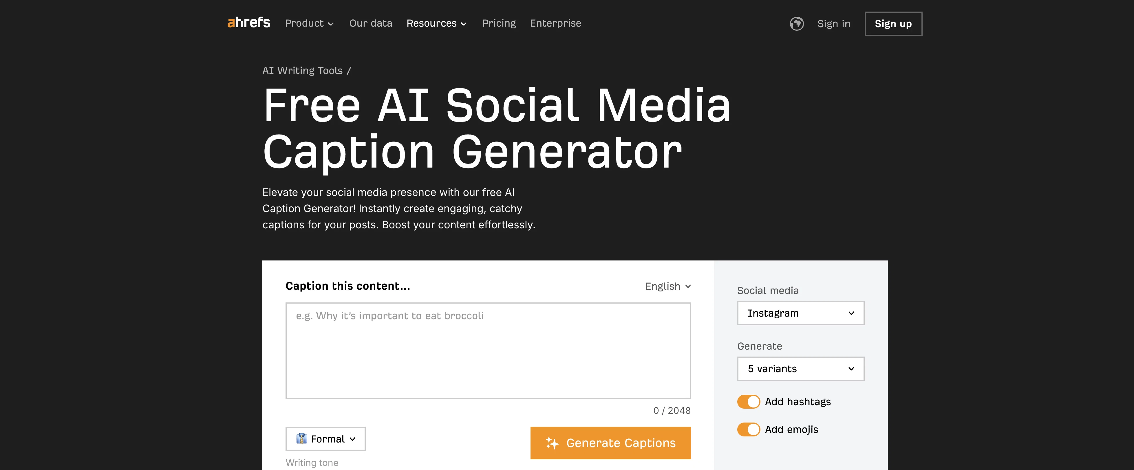 Ahrefs AI Social Media Captions screenshot