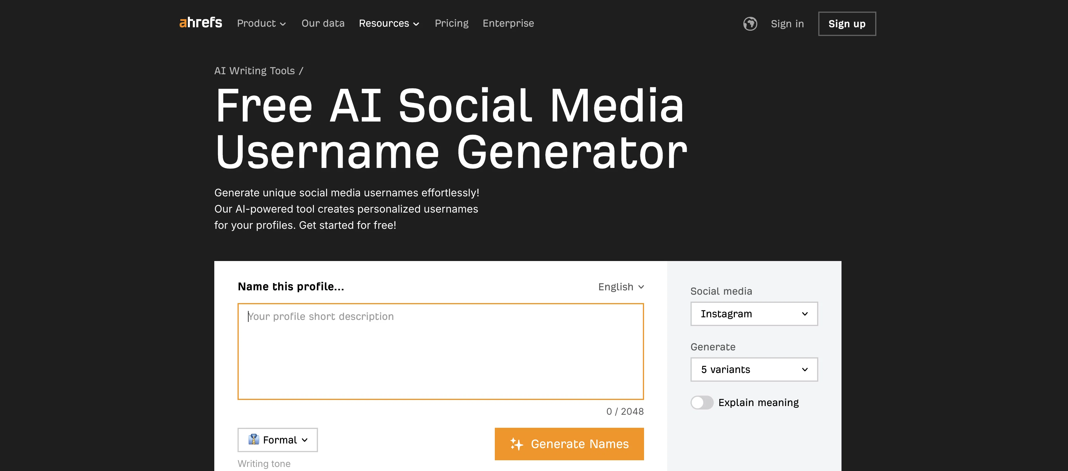 Ahrefs AI Social Media Username Generator screenshot