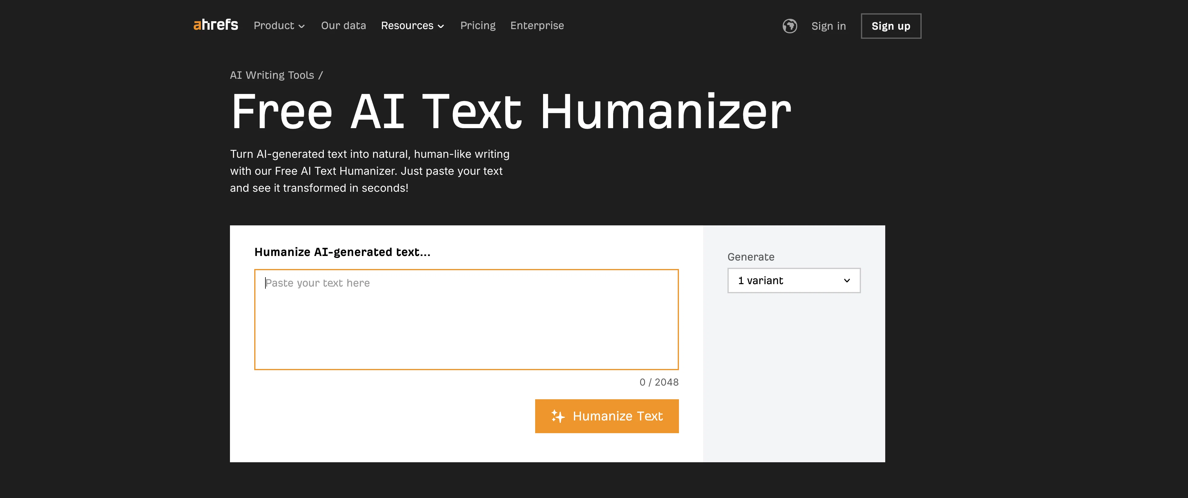 Ahrefs AI Text Humanizer screenshot
