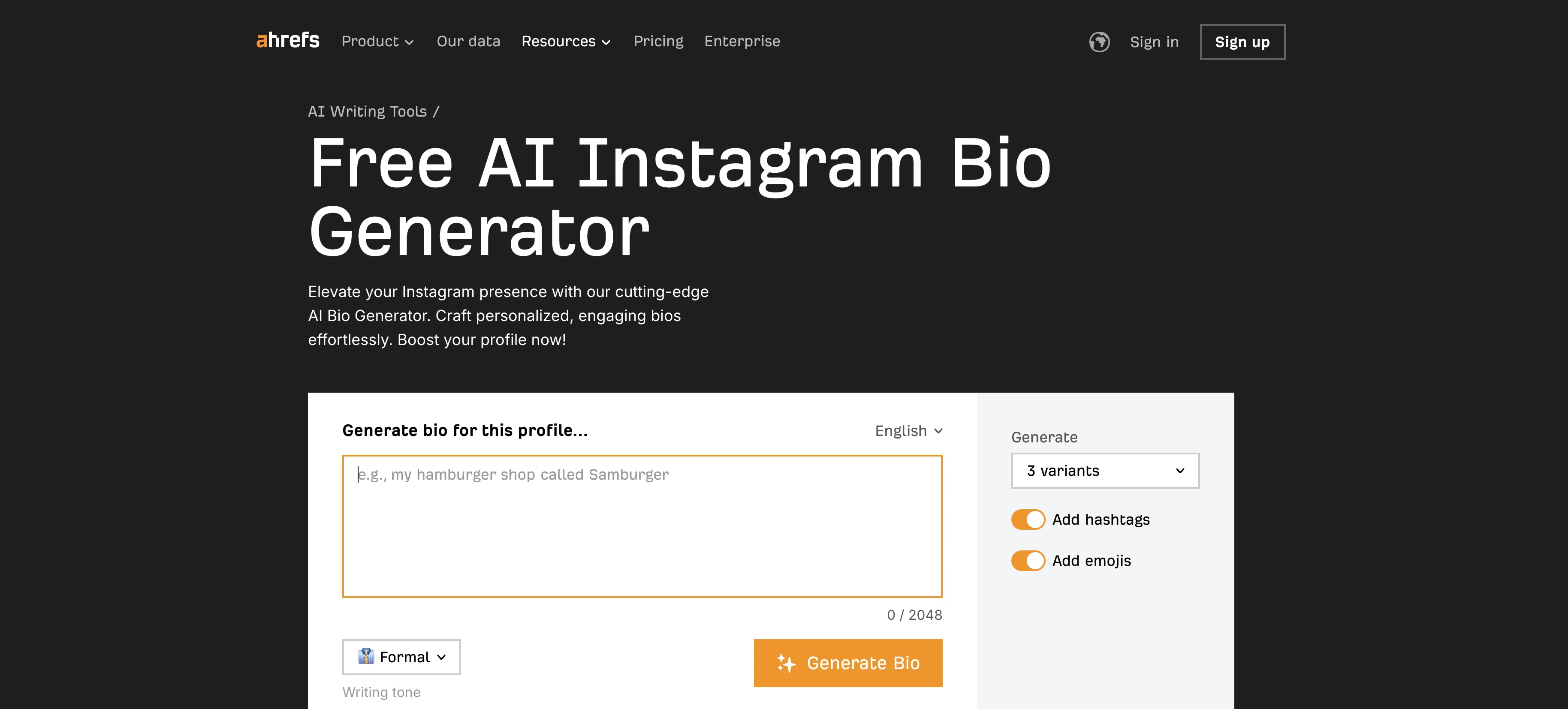 Ahrefs Instagram Bio Generator screenshot