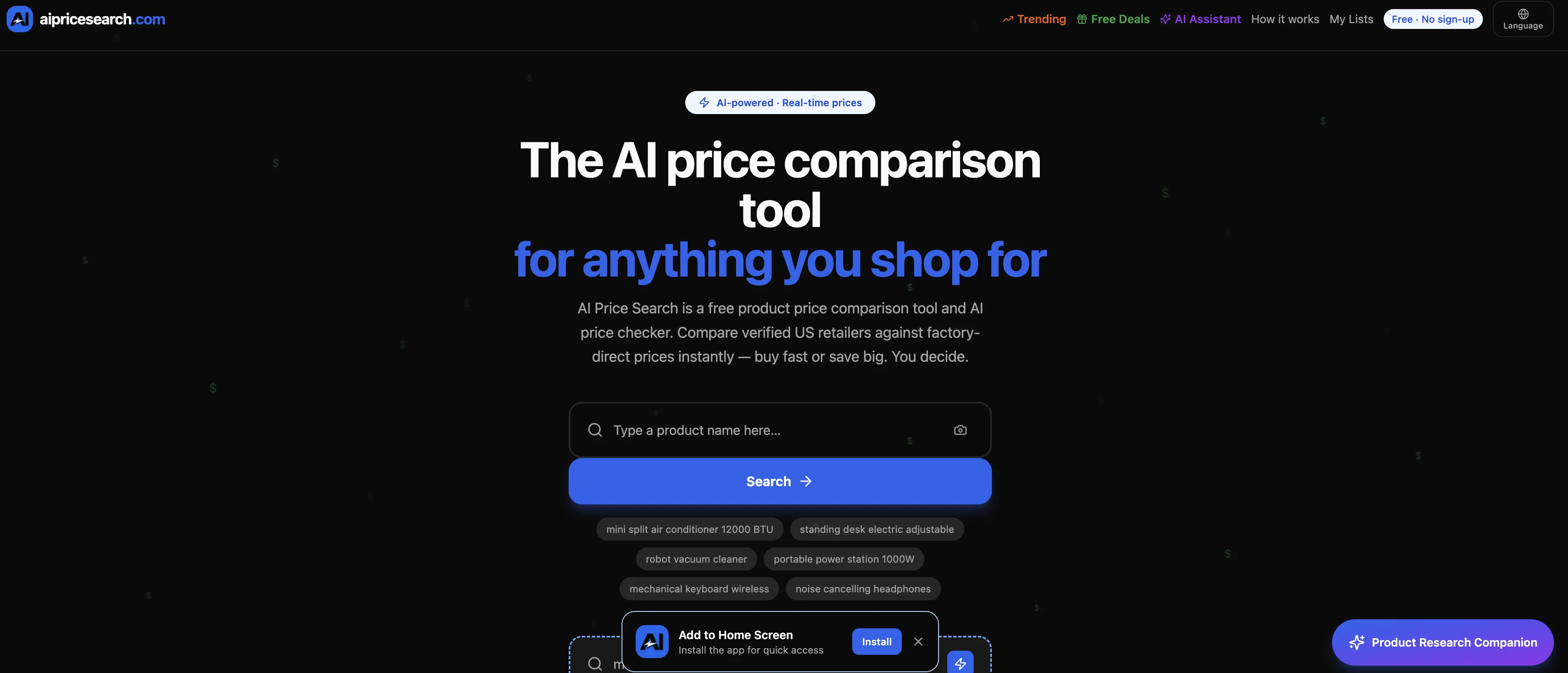aipricesearch.com screenshot