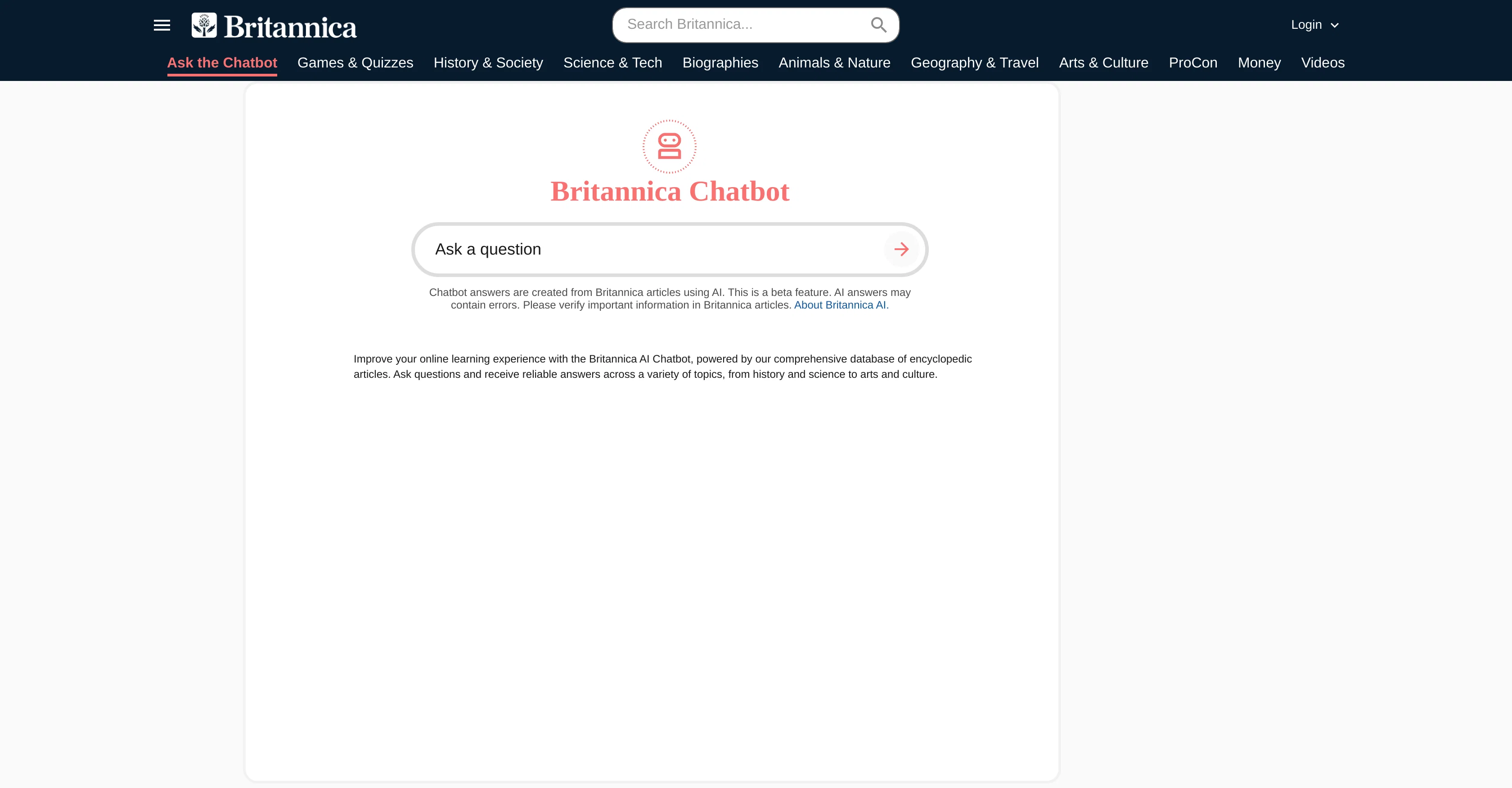 Britannica AI Chatbot screenshot
