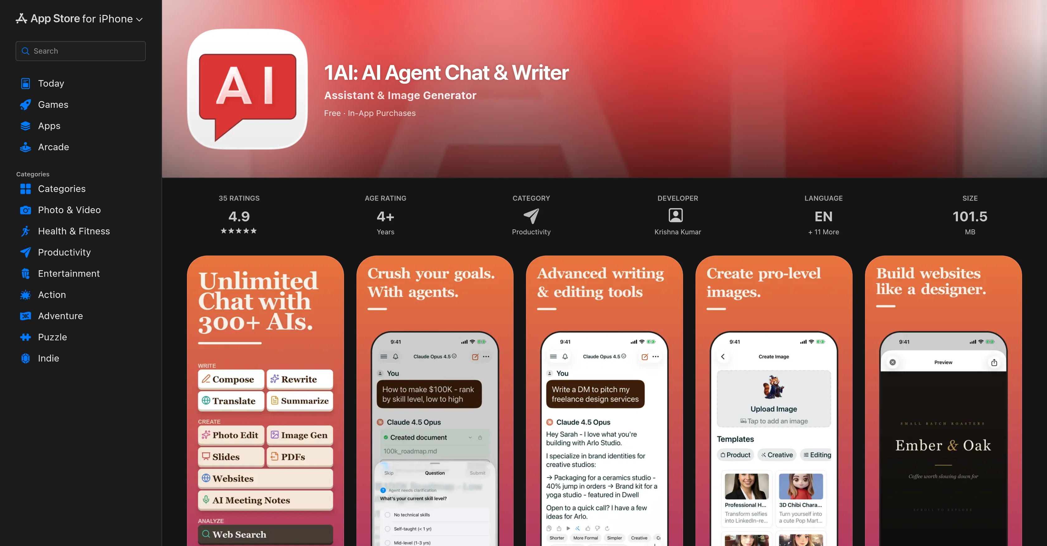 1AI: AI Agent Chat & Writer App screenshot
