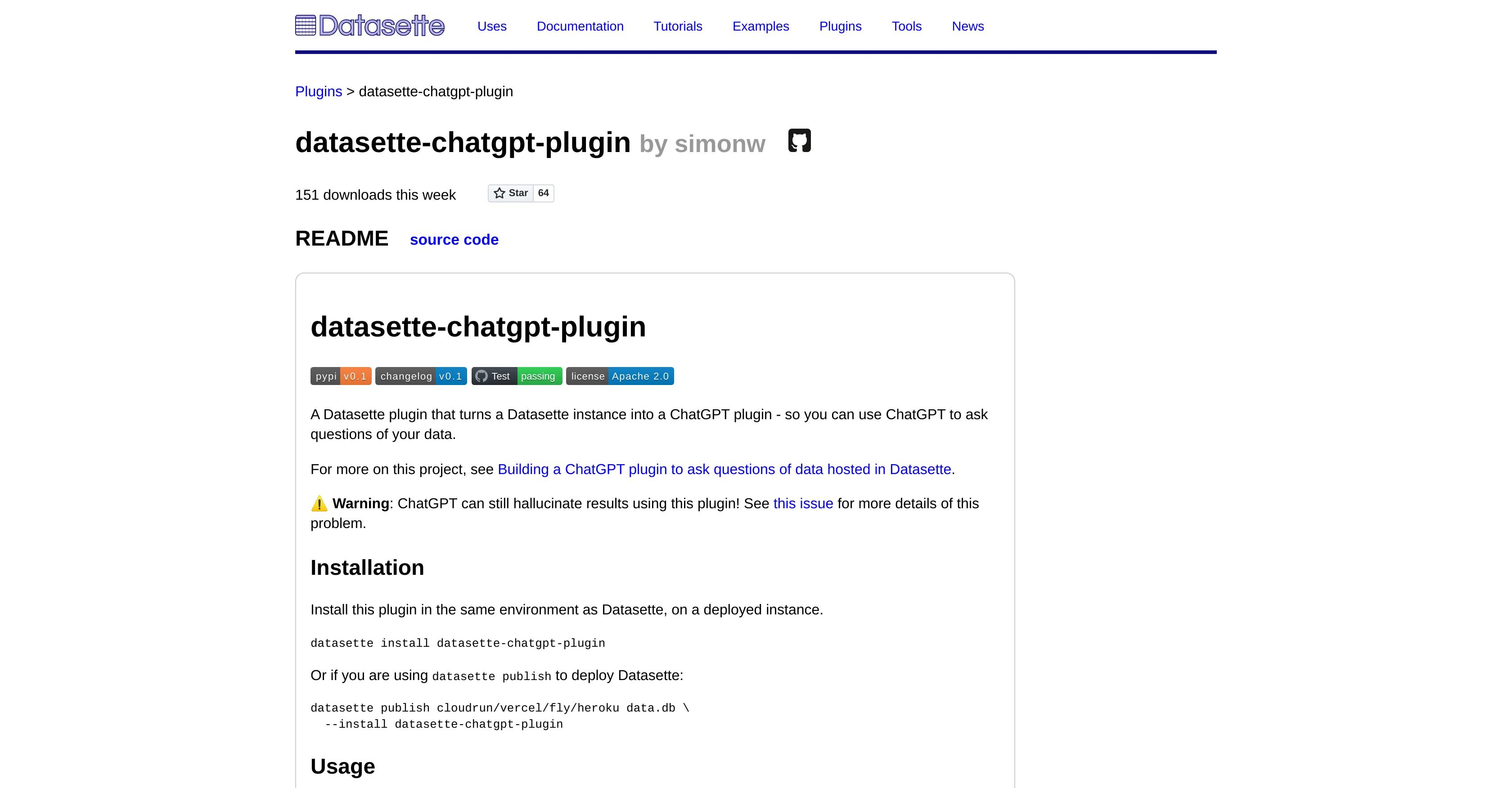Datasette ChatGPT plugin screenshot