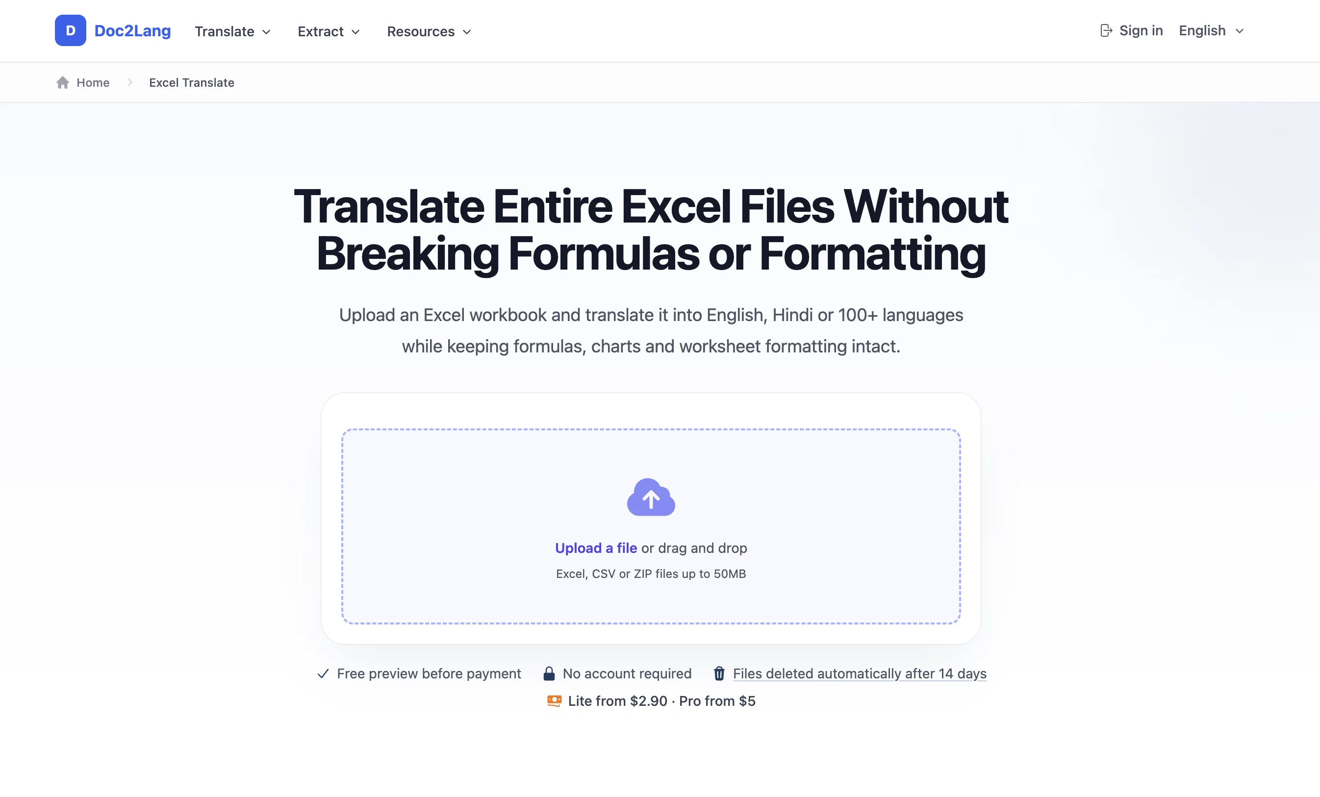 Doc2Lang Online Excel Translator screenshot