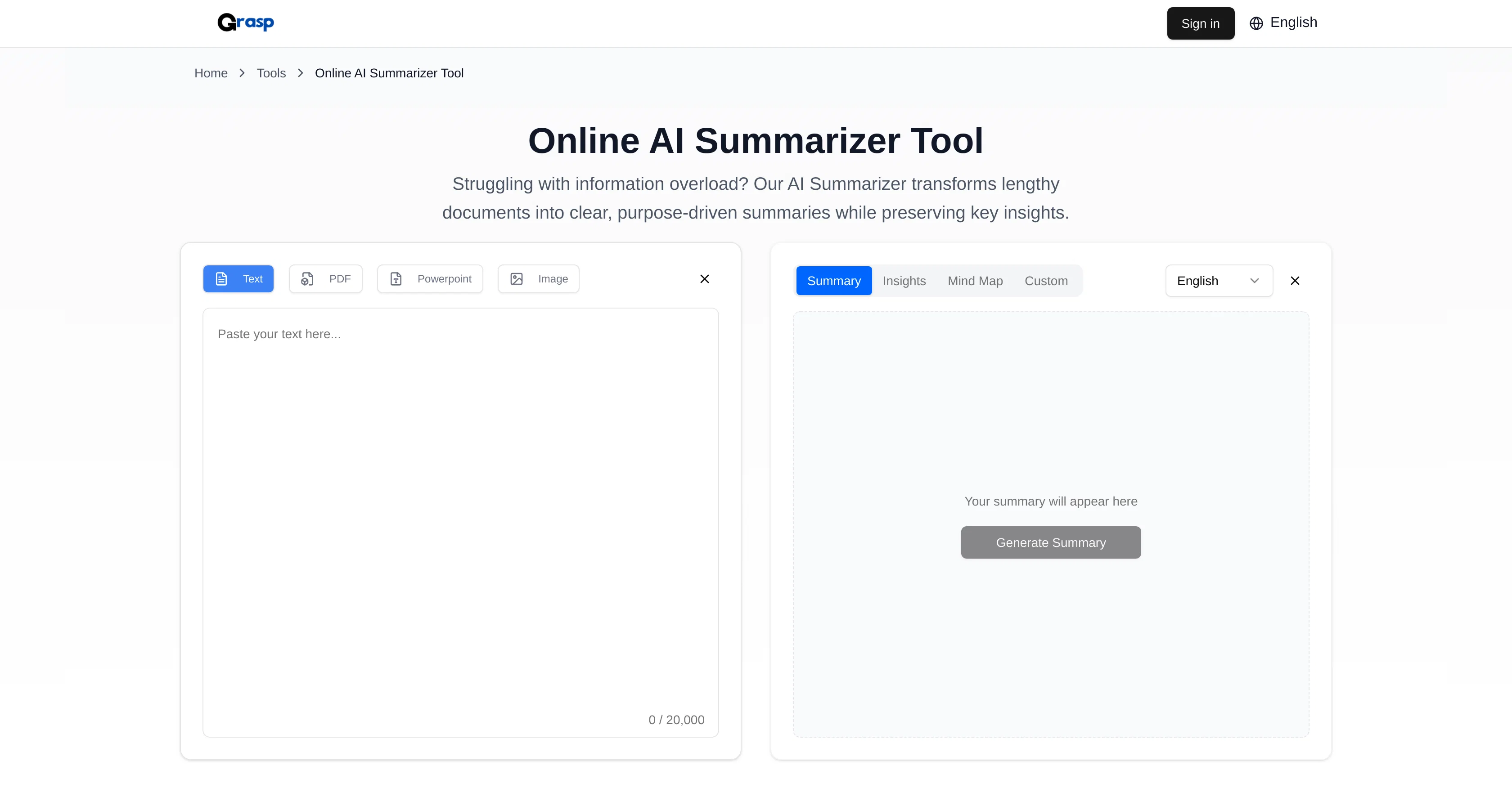 Grasp AI Summarizer Tool screenshot