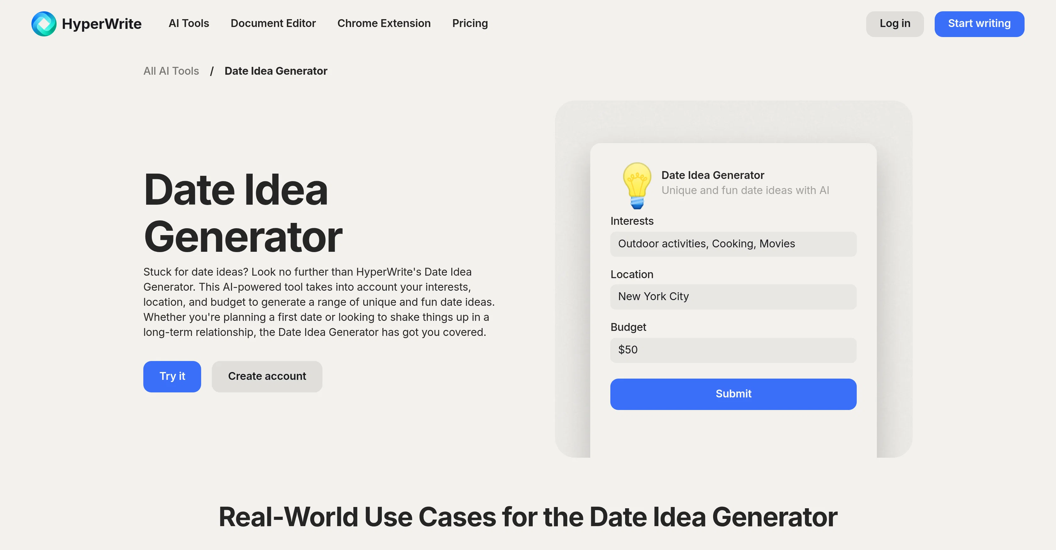 HyperWrite Date Ideas screenshot