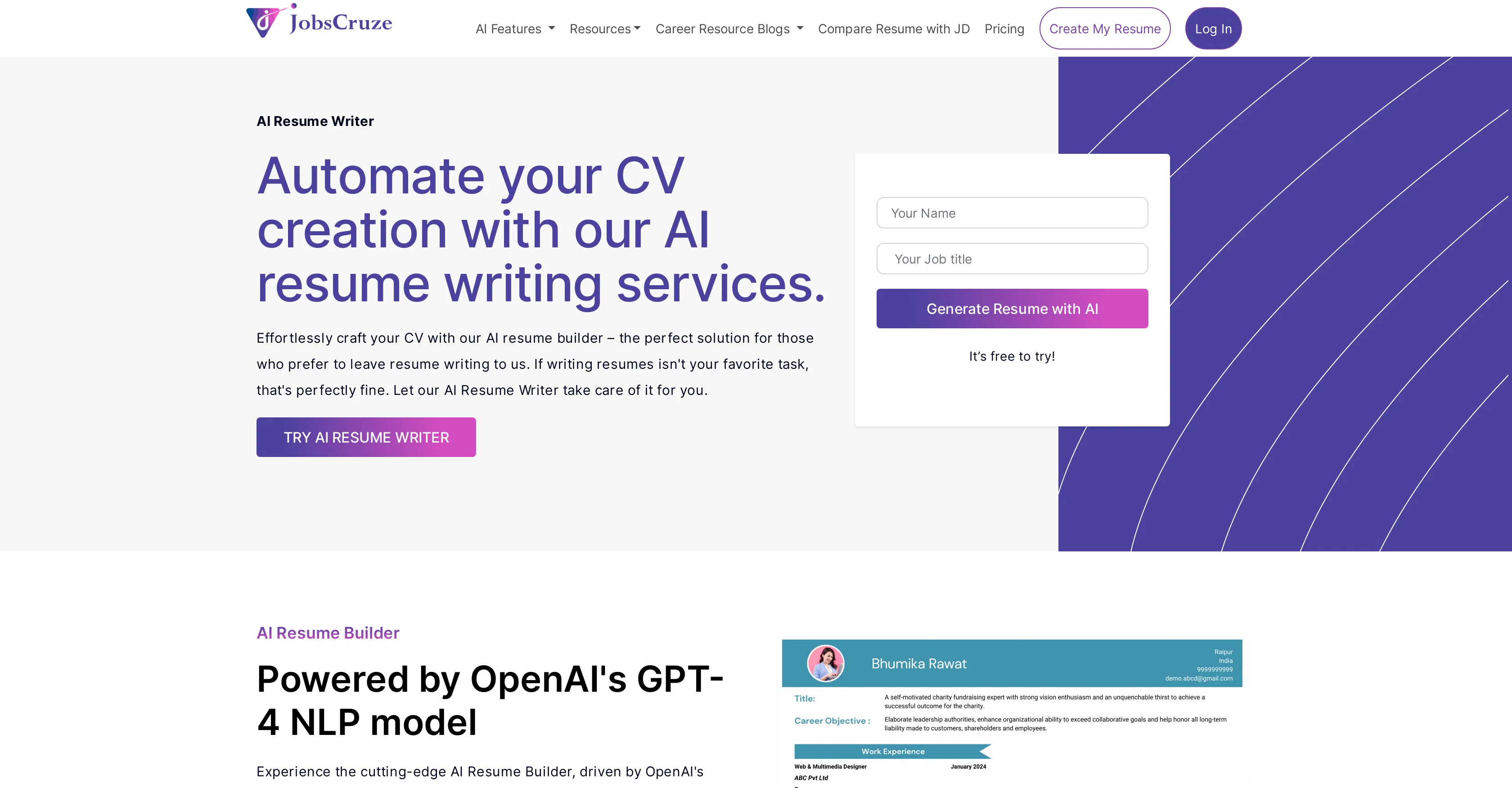 Jobscruze AI Resume Writer screenshot