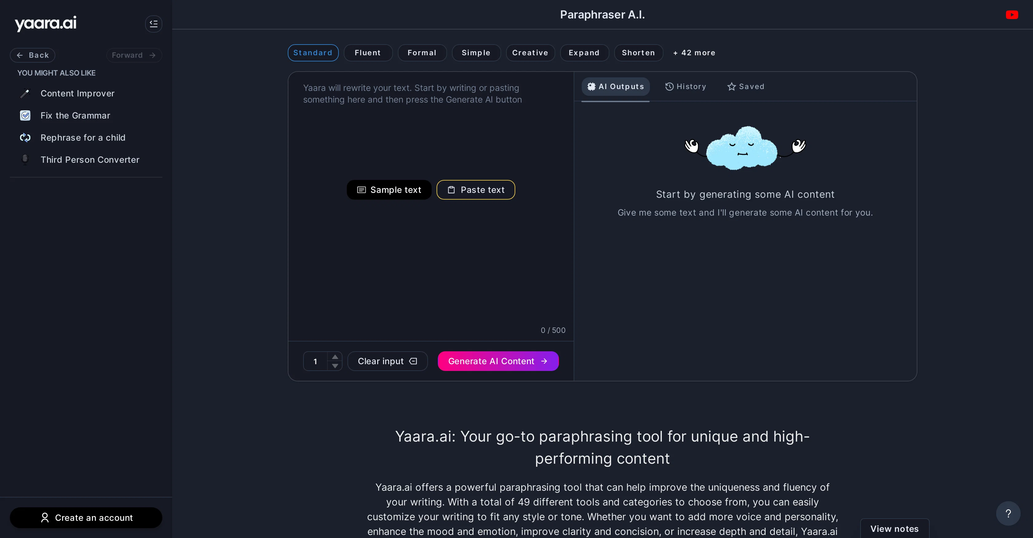Yaara AI Paraphrasing Tool screenshot
