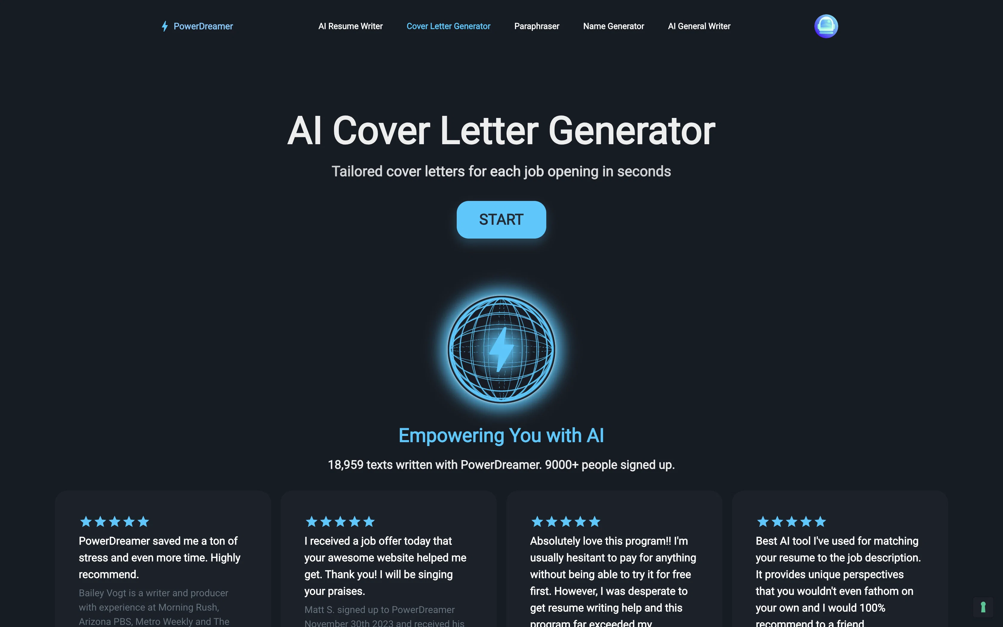 PowerDreamer AI Cover Letter Generator screenshot