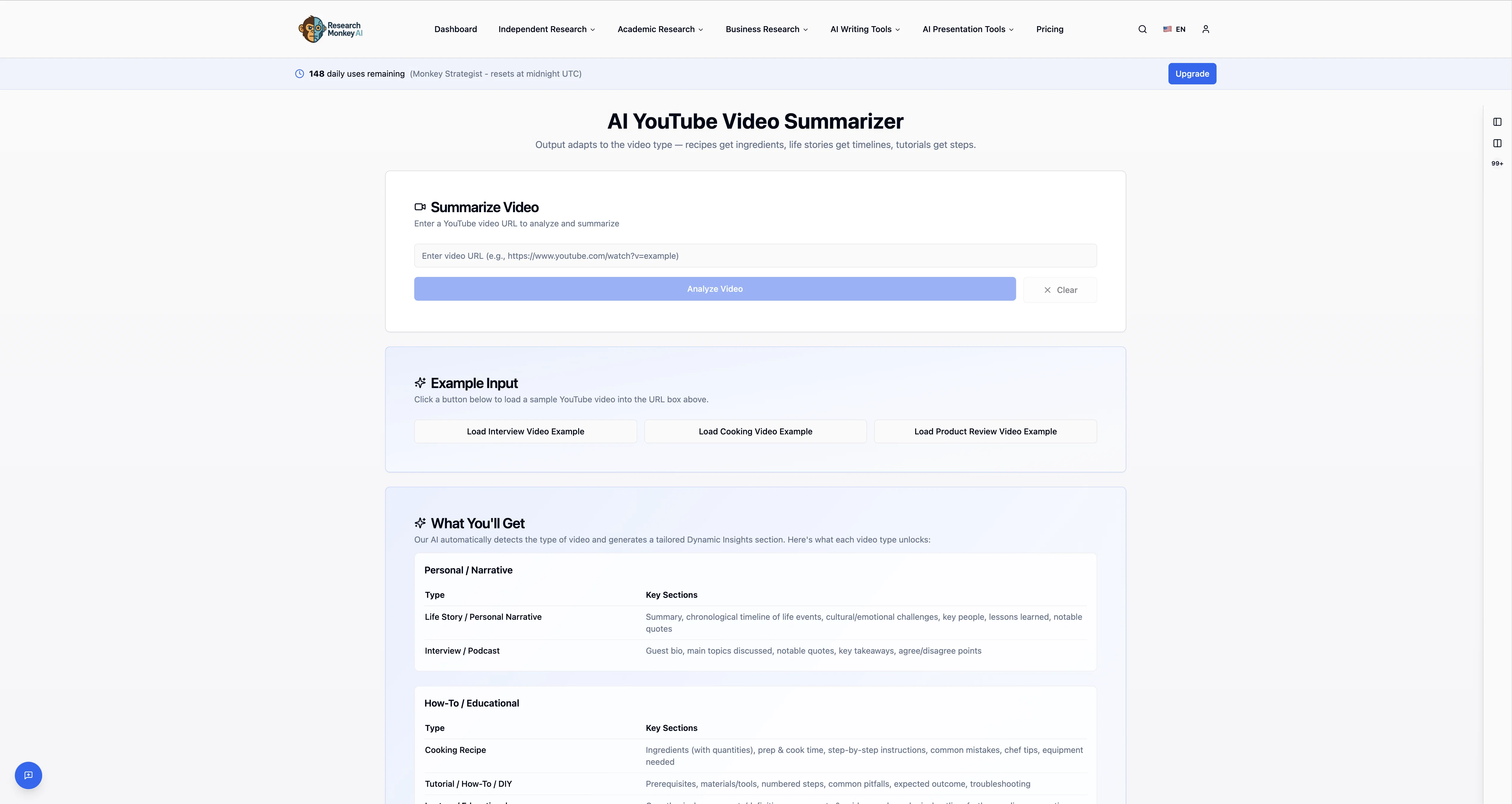 ResearchMonkey AI | YouTube Summarizer screenshot