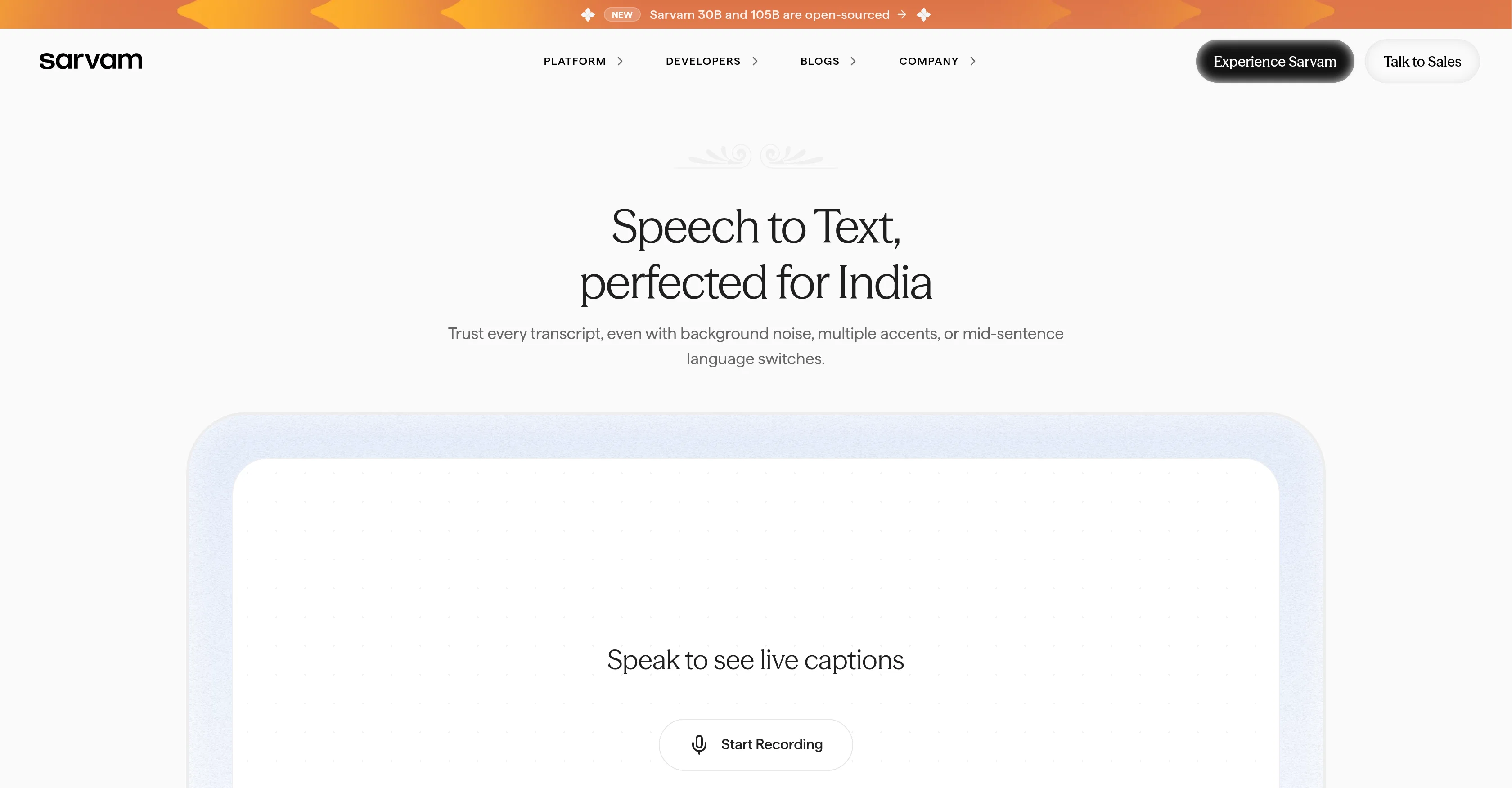Sarvam AI Speech to Text API screenshot