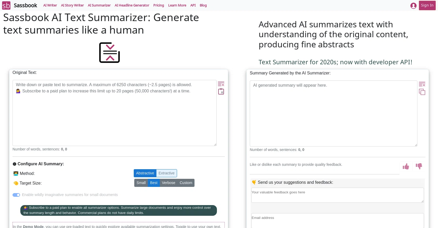 Sassbook AI Summarizer screenshot