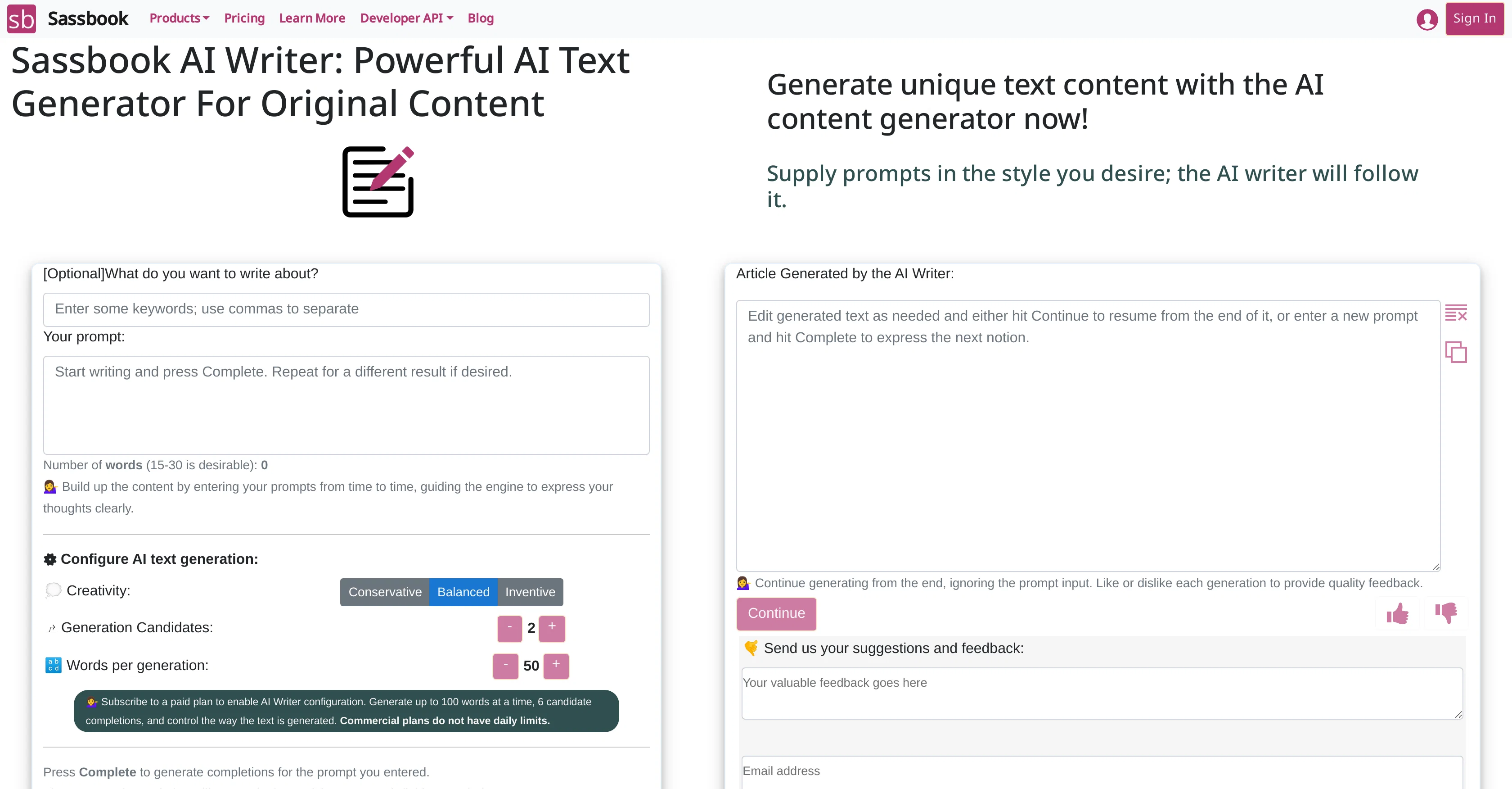 Sassbook AI Writer screenshot