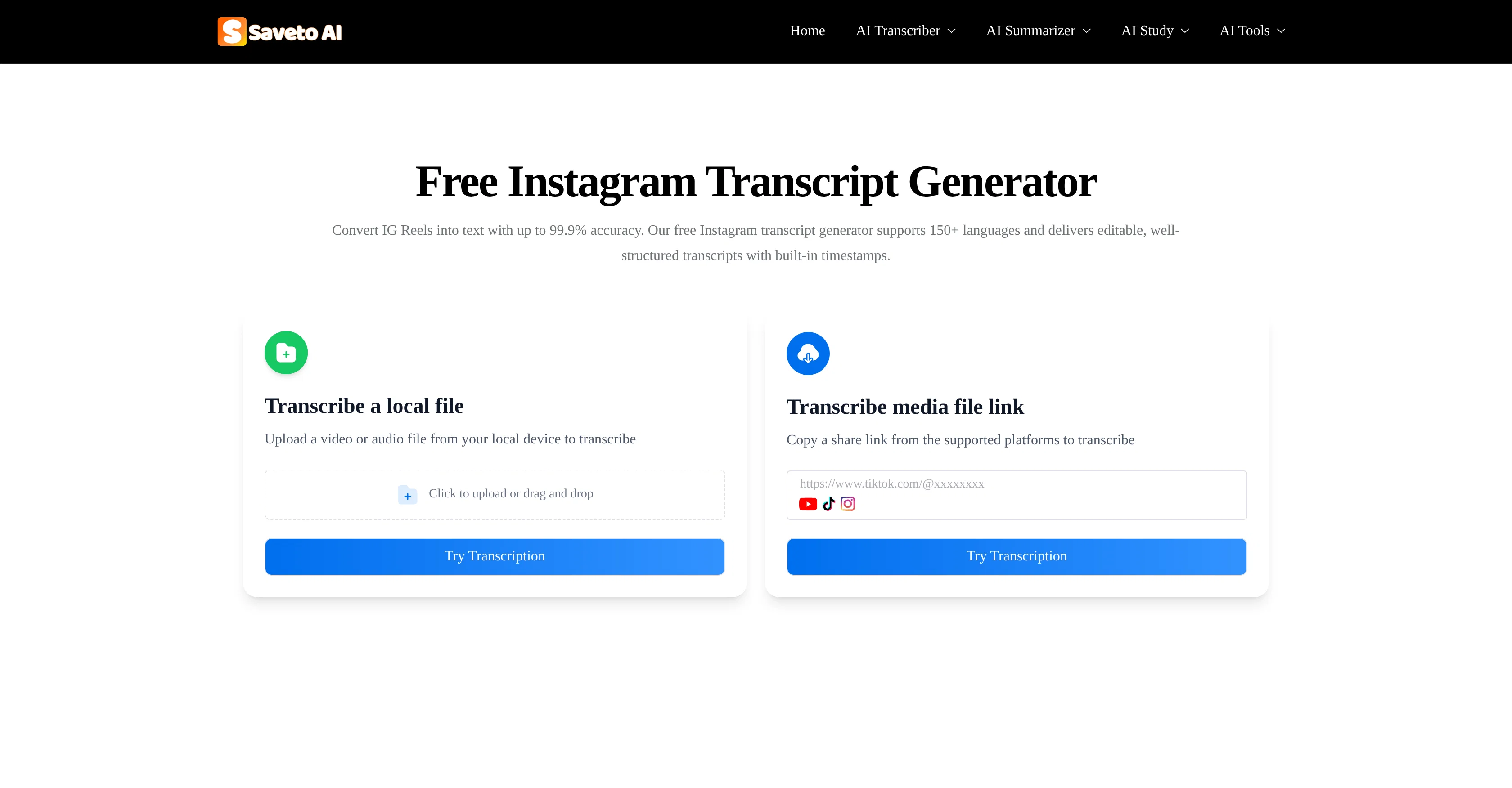 Saveto AI | Instagram Transcript Generator screenshot