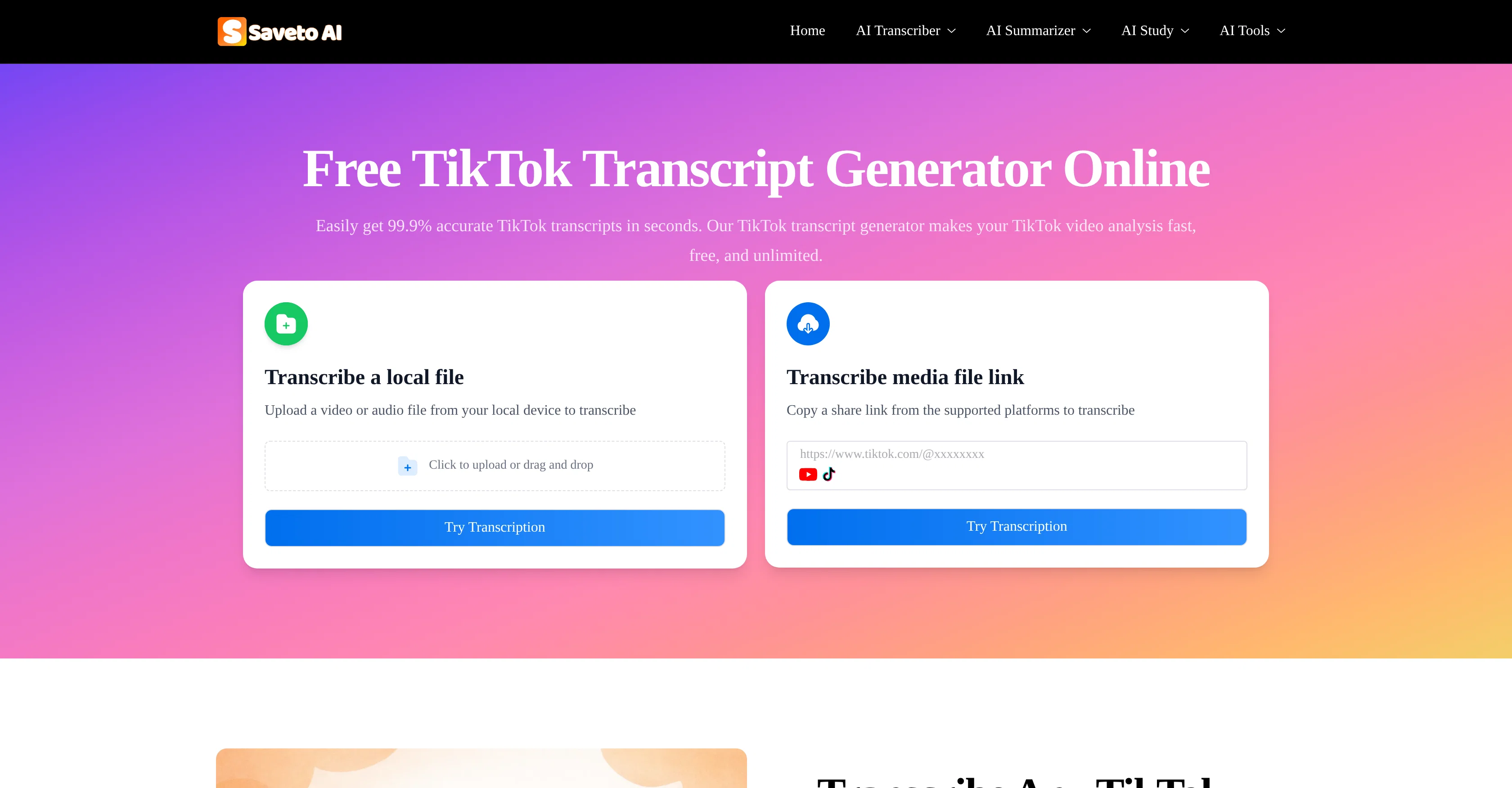 Saveto AI | TikTok Transcript Generator screenshot