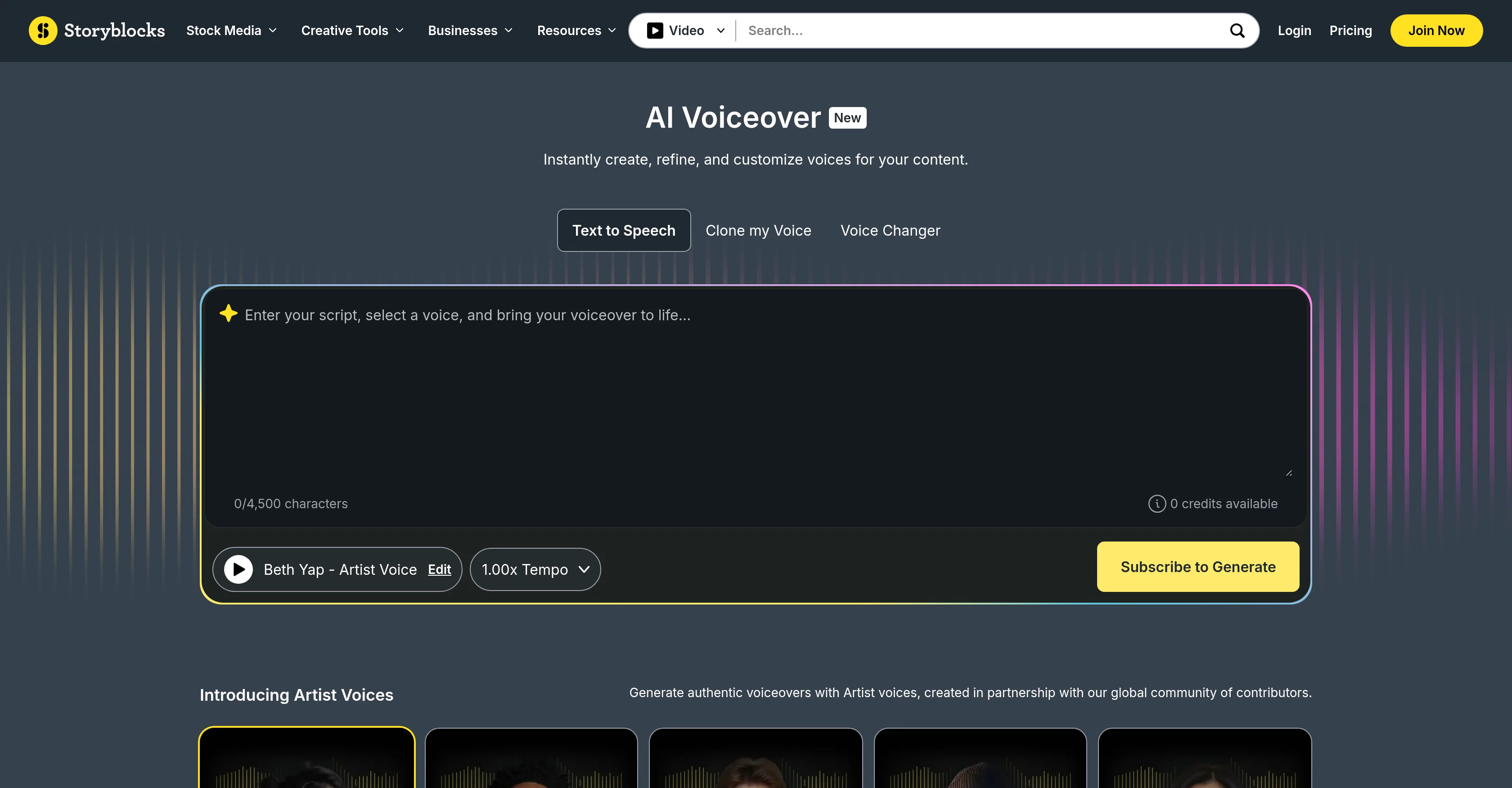 Storyblocks TTS screenshot