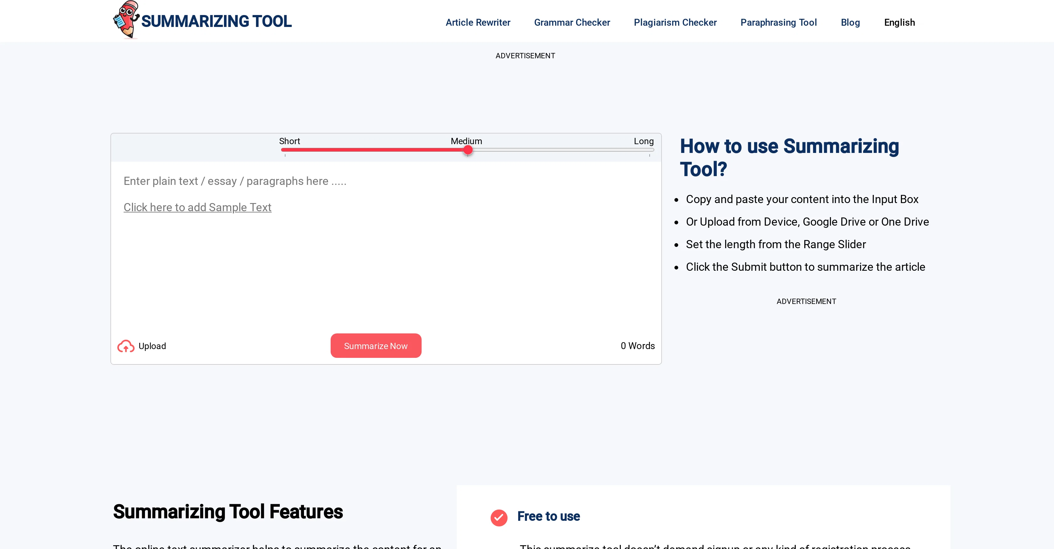 Summarizing Tool screenshot