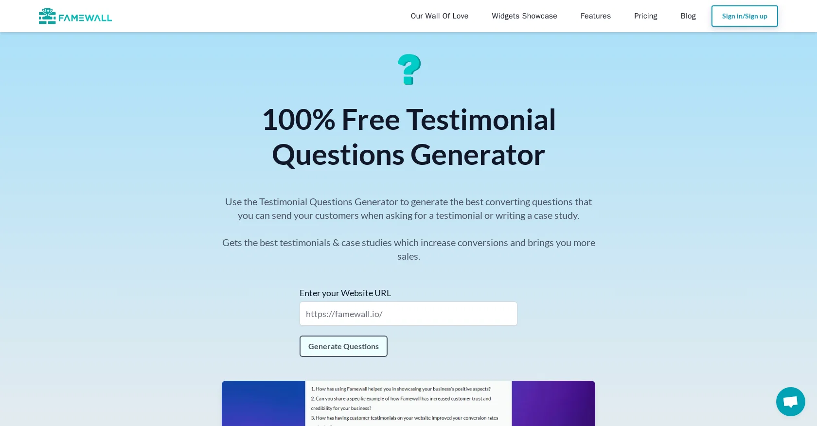 Testimonial Questions Generator screenshot