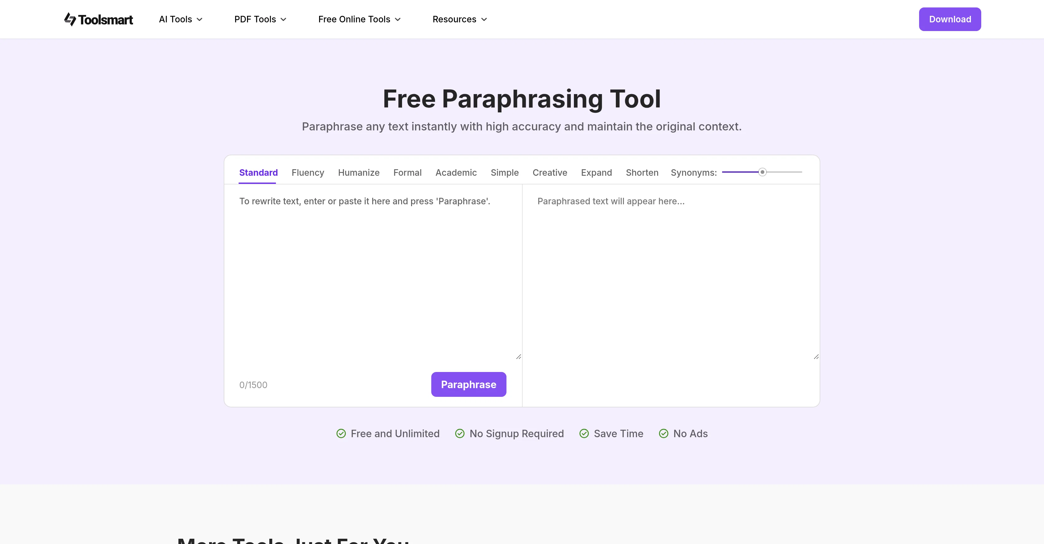 ToolSmart Free Paraphrasing Tool screenshot