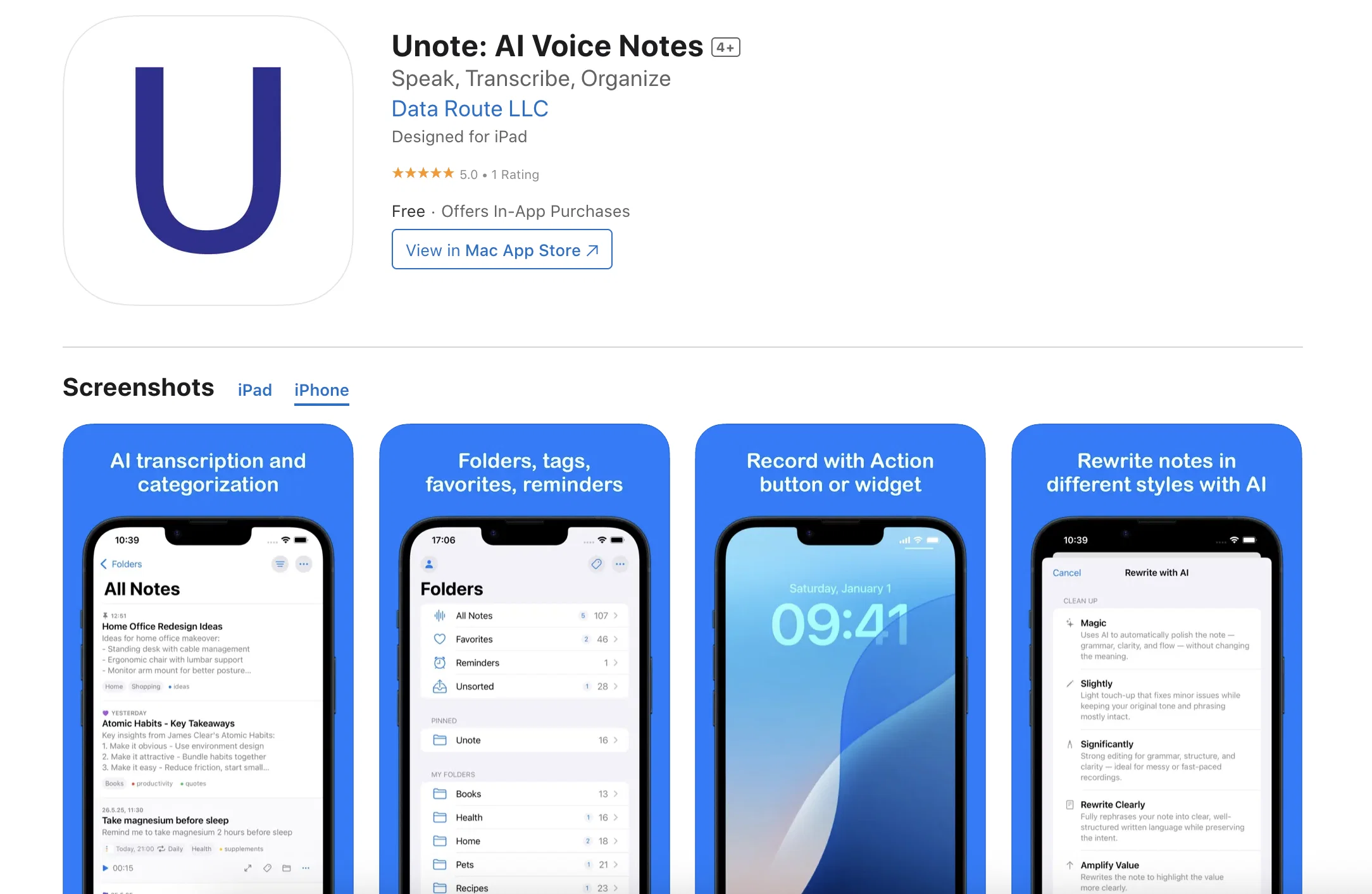 Unote: AI Voice Notes screenshot