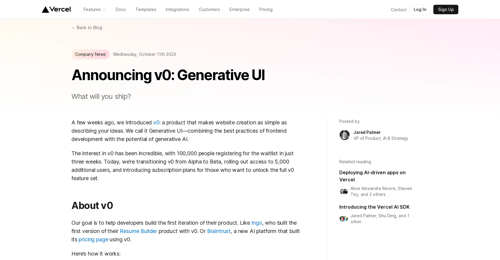 V0 Generative UI screenshot