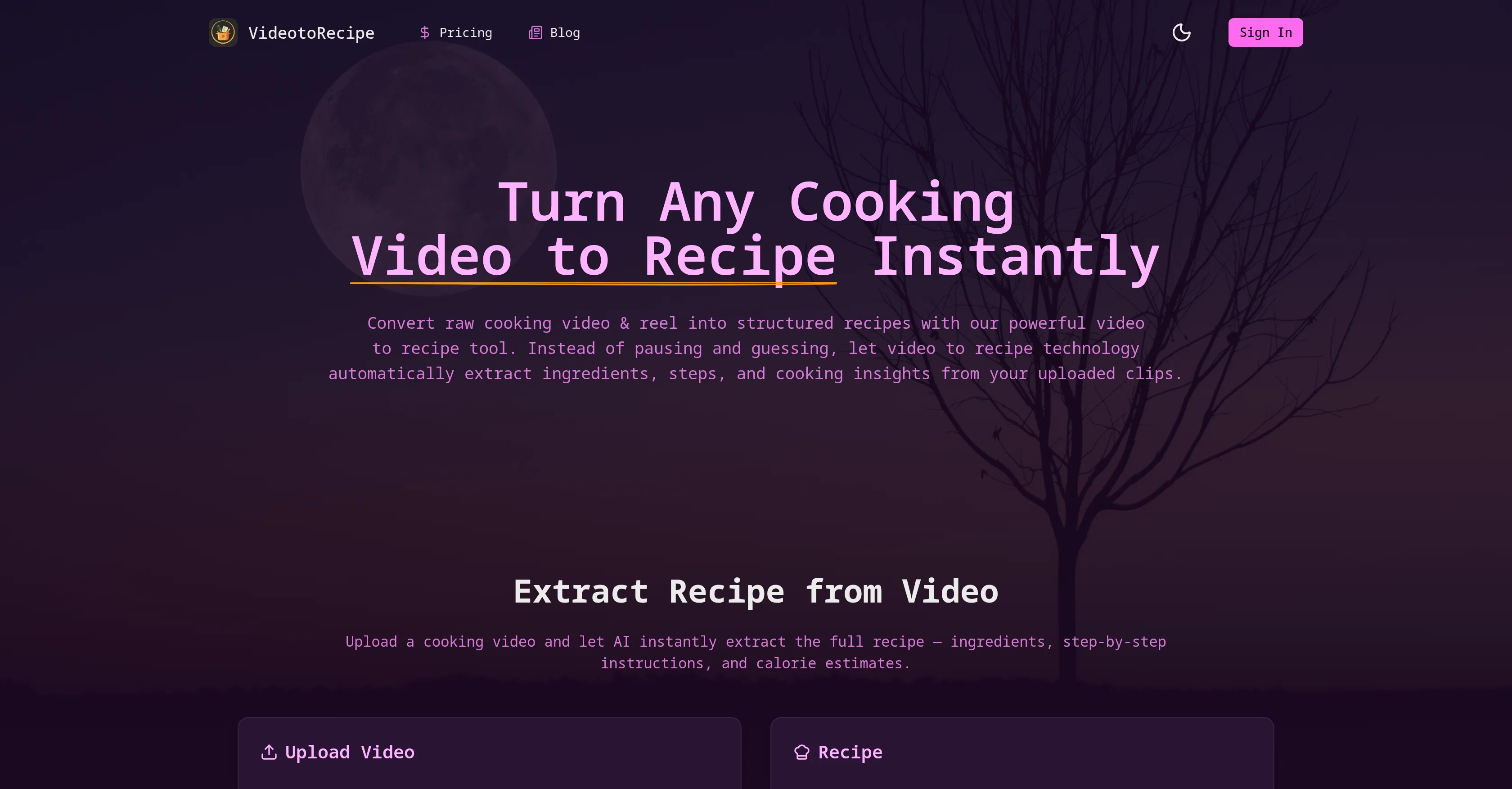 VideoToRecipe.org screenshot