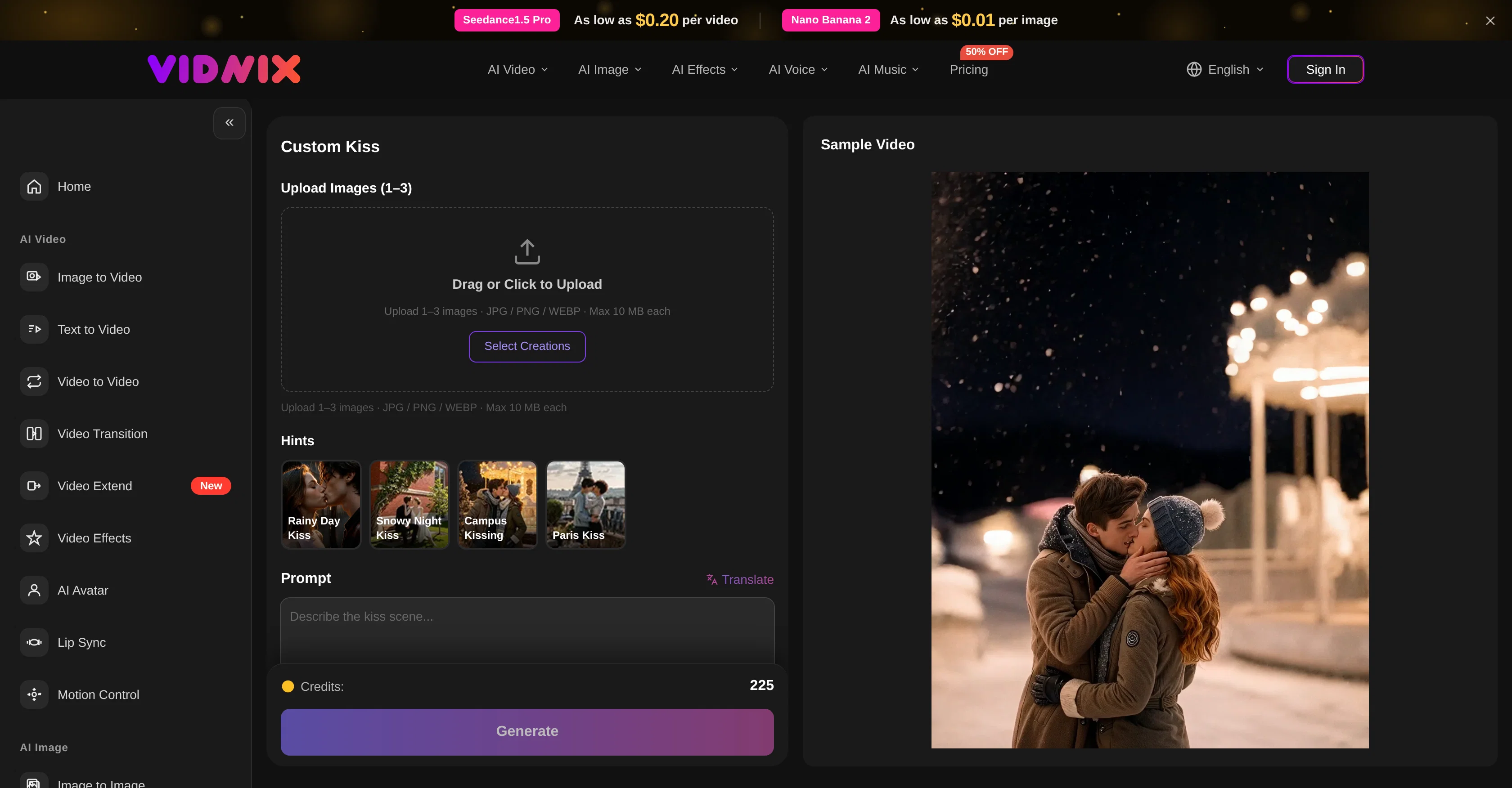 Vidnix | AI Kiss generate screenshot