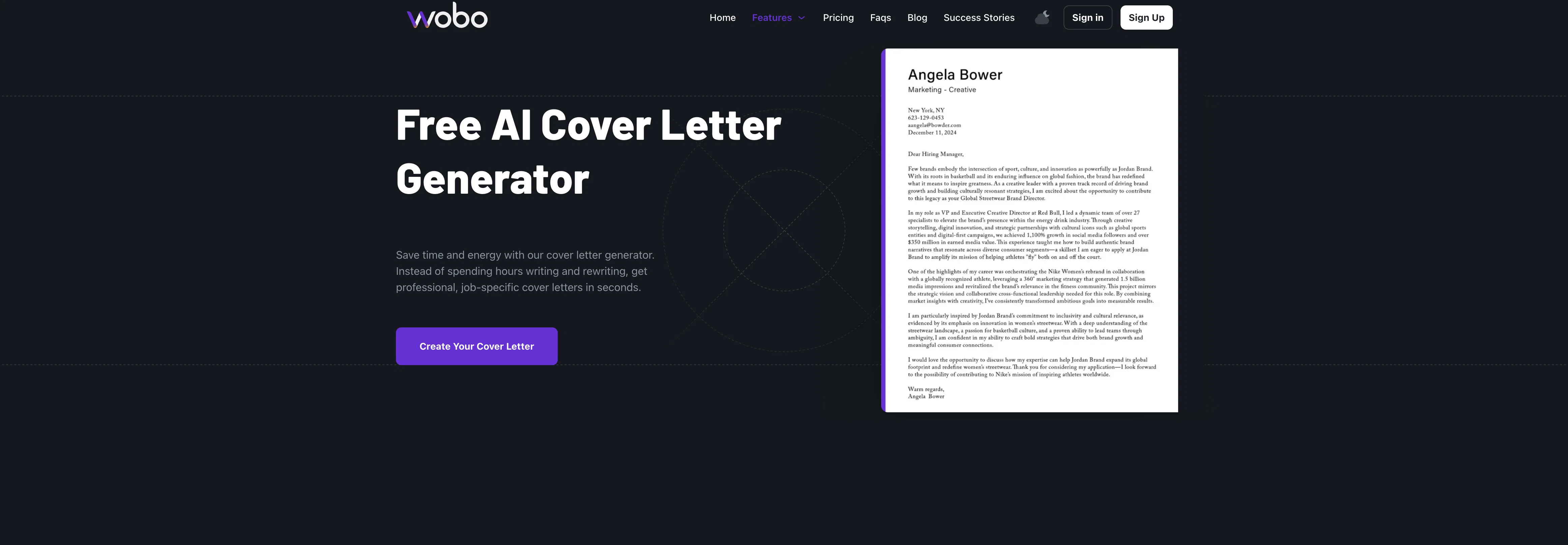 Wobo AI Cover Letter screenshot