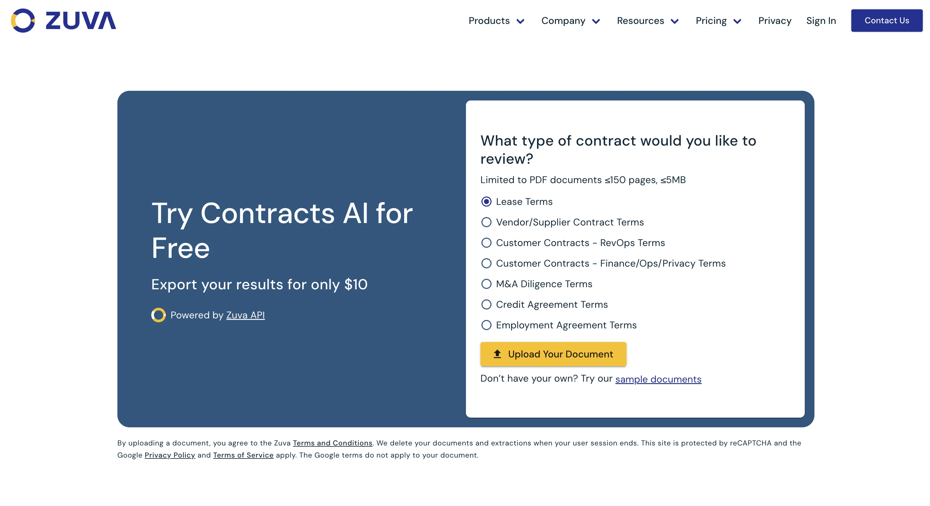 Zuva Contracts AI screenshot